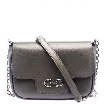 Pre Owned Salvatore Ferragamo Metallic Grey Fancy Leather Chain Shoulder Bag