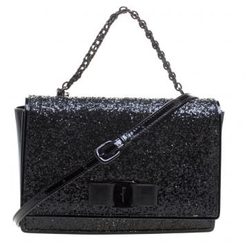 Pre Owned Salvatore Ferragamo Black Glitter Ginny Shoulder Bag
