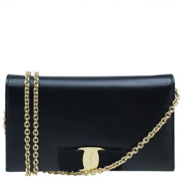 Pre Owned Salvatore Ferragamo Black Leather Miss Vara Chain Wallet