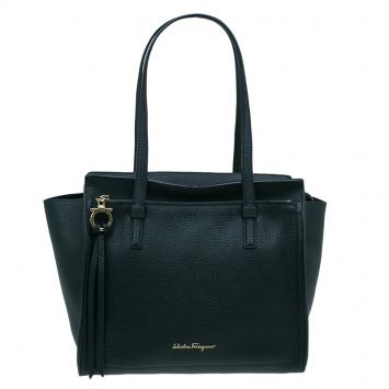 Pre Owned Salvatore Ferragamo Black Pebbled Leather Medium Amy Tote Bag