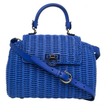 Pre Owned Salvatore Ferragamo Blue Basket Woven Raffia Medium Sofia Top Handle Bag