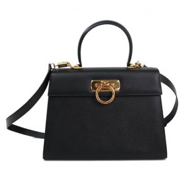 Pre Owned Salvatore Ferragamo Black Embossed Calfskin Leather Kelly Top Handle Shoulder Bag