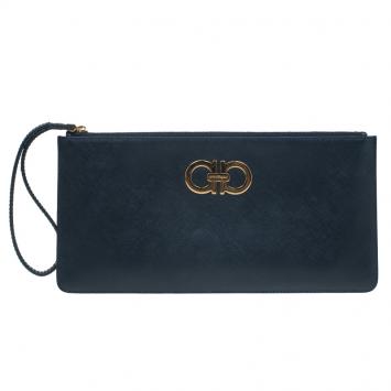 Pre Owned Salvatore Ferragamo Navy Blue Leather Gancio Wristlet Clutch