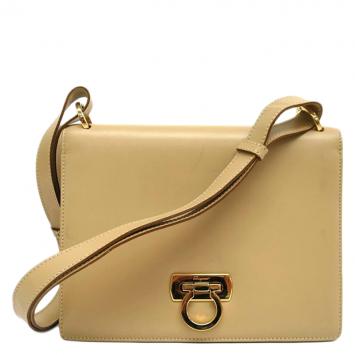 Pre Owned Salvatore Ferragamo Beige Leather Gancini Shoulder Bag