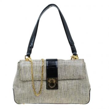 Pre Owned Salvatore Ferragamo Bi Color Embossed Leather Gancini Shoulder Bag