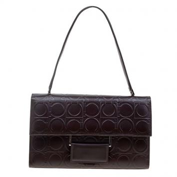 Pre Owned Salvatore Ferragamo Brown Leather Signature Shoulder Bag