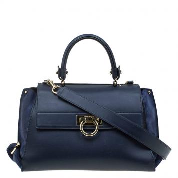 Pre Owned Salvatore Ferragamo Navy Blue Leather and Suede Medium Sofia Top Handle Bag