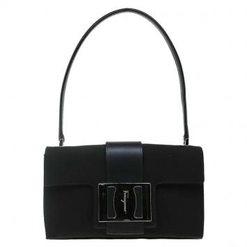 Pre Owned Salvatore Ferragamo Black Fabric Flap Buckle Shoulder Bag