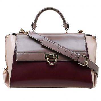 Pre Owned Salvatore Ferragamo Tri Color Glazed Leather Large Sofia Satchel 