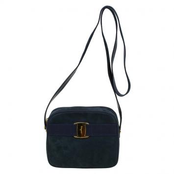 Pre Owned Salvatore Ferragamo Navy Blue Suede Vara Crossbody Bag
