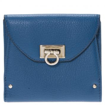 Pre Owned Salvatore Ferragamo Blue Leather Tri Fold Wallet
