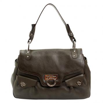 Pre Owned Salvatore Ferragamo Khaki Leather Shoulder Bag
