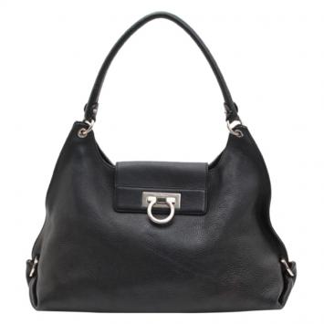 Pre Owned Salvatore Ferragamo Black Pebbled Gancini Leather Fanisa Shoulder Bag