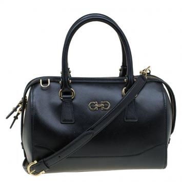 Pre Owned Salvatore Ferragamo Black Leather Bowling Bag