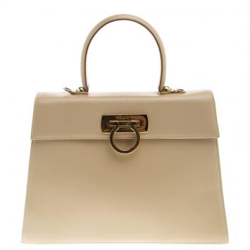 Pre Owned Salvatore Ferragamo Beige Leather Kelly Top Handle Bag
