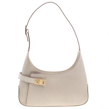 Pre Owned Salvatore Ferragamo Light Beige Leather Printed Gancio Shoulder Bag