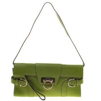 Pre Owned Salvatore Ferragamo Green Leather Shoulder Bag
