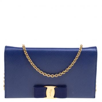 Pre Owned Salvatore Ferragamo Blue Leather Miss Vara Wallet On Chain