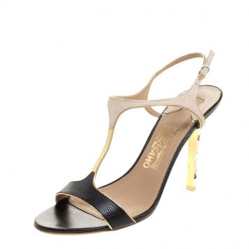 Pre Owned Salvatore Ferragamo Tricolor Reptile Embossed Leather And Suede Monroe T-Strap Sandals Size 40.5