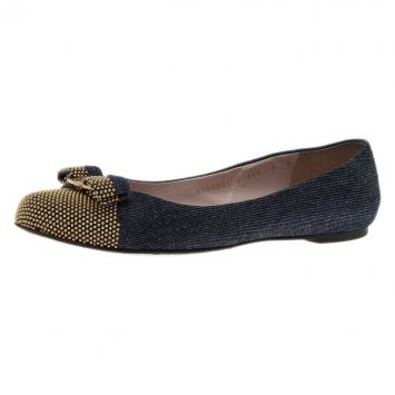 Pre Owned Salvatore Ferragamo Studded Denim Bow Ballet Flats Size 38.5