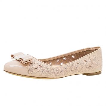 Pre Owned Salvatore Ferragamo Beige Varina Leather Laser Cut Out Ballet Flats Size 39.5