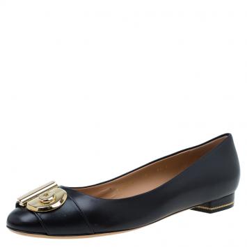 Pre Owned Salvatore Ferragamo Black Leather Fiamma Keyhole Ballet Flats Size 40