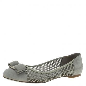 Pre Owned Salvatore Ferragamo Grey Suede Laser Cut Varina Ballet Flats Size 36.5