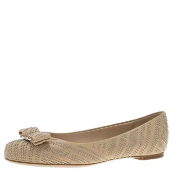 Pre Owned Salvatore Ferragamo Beige Studded Leather Varina Ballet Flats Size 36.5