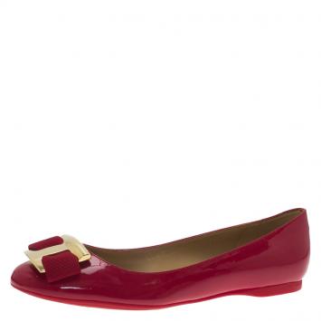 Pre Owned Salvatore Ferragamo Red Patent Ninna Kangaroo Bow Ballet Flats Size 36