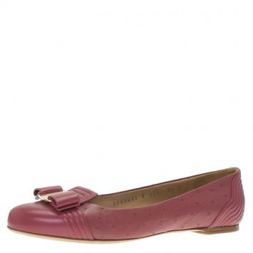 Pre Owned Salvatore Ferragamo Pink Ostrich Bow Ballet Flats Size 38
