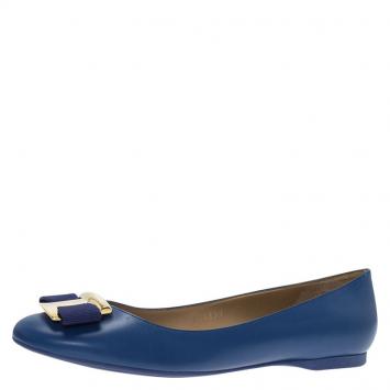 Pre Owned Salvatore Ferragamo Blue Leather Ninna Kangaroo Bow Ballet Flats Size 38