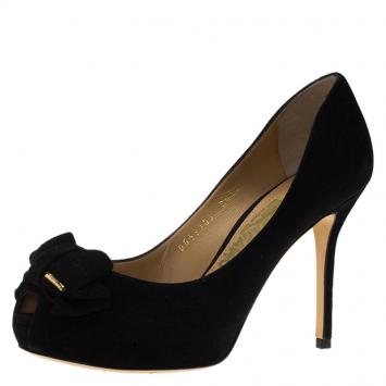 Pre Owned Salvatore Ferragamo Black Suede Rosella Bow Peep Toe Platform Pumps Size 35.5