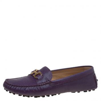 Pre Owned Salvatore Ferragamo Purple Lizard Embossed Leather Saba Loafers Size 38.5