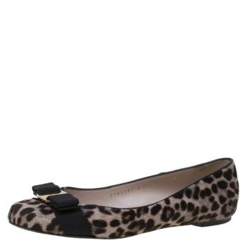 Pre Owned Salvatore Ferragamo Leopard Print Pony Hair Varina Ballet Flats Size 37.5