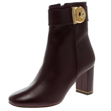 Pre Owned Salvatore Ferragamo Burgundy Leather Fiamma Ankle Boots Size 38.5