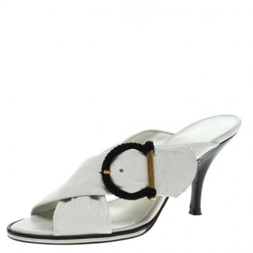 Pre Owned Salvatore Ferragamo White Leather Gancini  Crosss Strap Slides Size 37