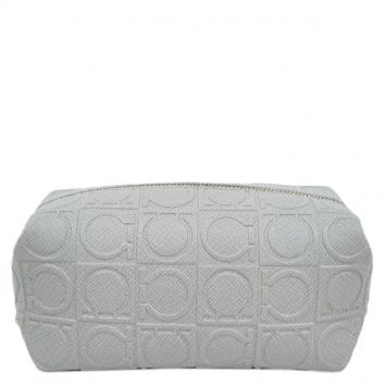 Pre Owned Salvatore Ferragamo Light Grey Calfskin Leather Gancini Cosmetic Pouch