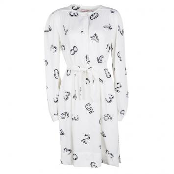 Pre Owned See By Chloe Cream Number Print Belted Shirt Dress M