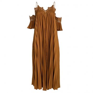 Pre Owned Self Portrait Camel Brown Plisse Lace Trim Cold Shoulder Maxi Dress M