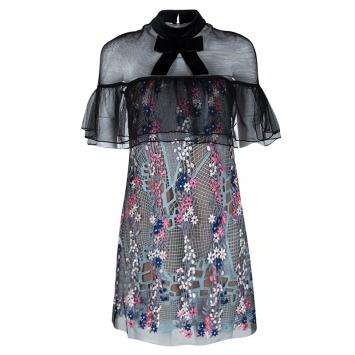 Pre Owned Self Portrait Multicolor Floral Vine Embroidered Mini Dress S