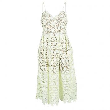 Pre Owned Self Portrait Lemon Yellow Floral Lace Noodle Strap Midi Dress L