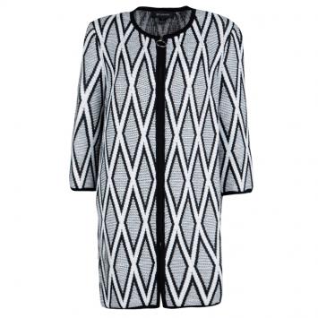 Pre Owned St. John Monochrome Diamond Patterned Textured Long Jacket S