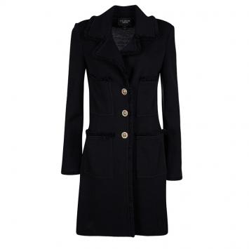 Pre Owned St. John Caviar Black Textured Knit Fringed Edge Overcoat M