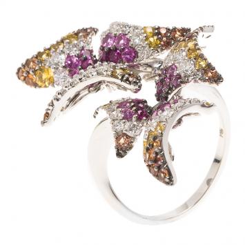 Pre Owned Stefan Hafner White Gold Diamonds and Colored Sapphire Fancy Flower Ring Size 54
