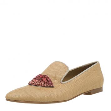 Pre Owned Stella McCartney Beige Woven Fabric Embellishment Tatami Flats Size 37.5