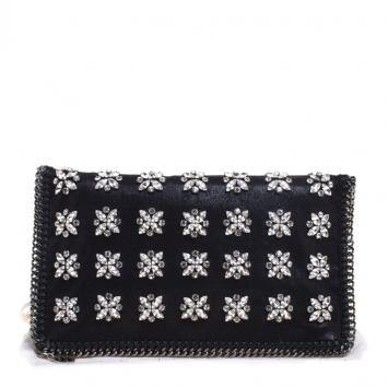 Pre Owned Stella McCartney Black Faux Leather Crystal Embellished Foldover Clutch