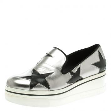 Pre Owned Stella McCartney Grey Metallic Faux Leather Binx Star Platform Slip On Sneakers Size 38