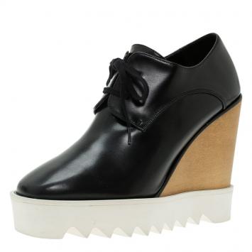 Pre Owned Stella McCartney Black Faux Leather Leana Wooden Wedge Lace-Up Oxfords Size 38