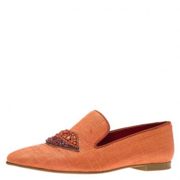 Pre Owned Stella Mccartney Orange Raffia Beaded Lips Smoking Slippers Size 37.5