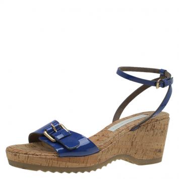 Pre Owned Stella McCartney Blue Faux Patent Linda Wedge Sandals Size 40